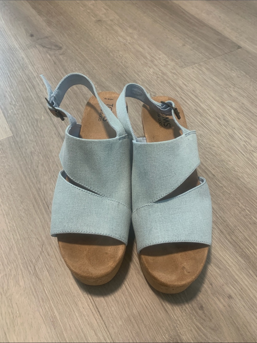 Tom’s Light Blue Fabric Slingback Cork Wedge Sandals with Cross Straps
